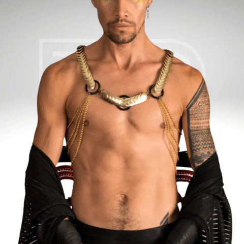 Goldfarbener Scalemail-Harness mit Ketten, maskuliner Stil, ausdrucksstarkes, selbstbewusstes Model