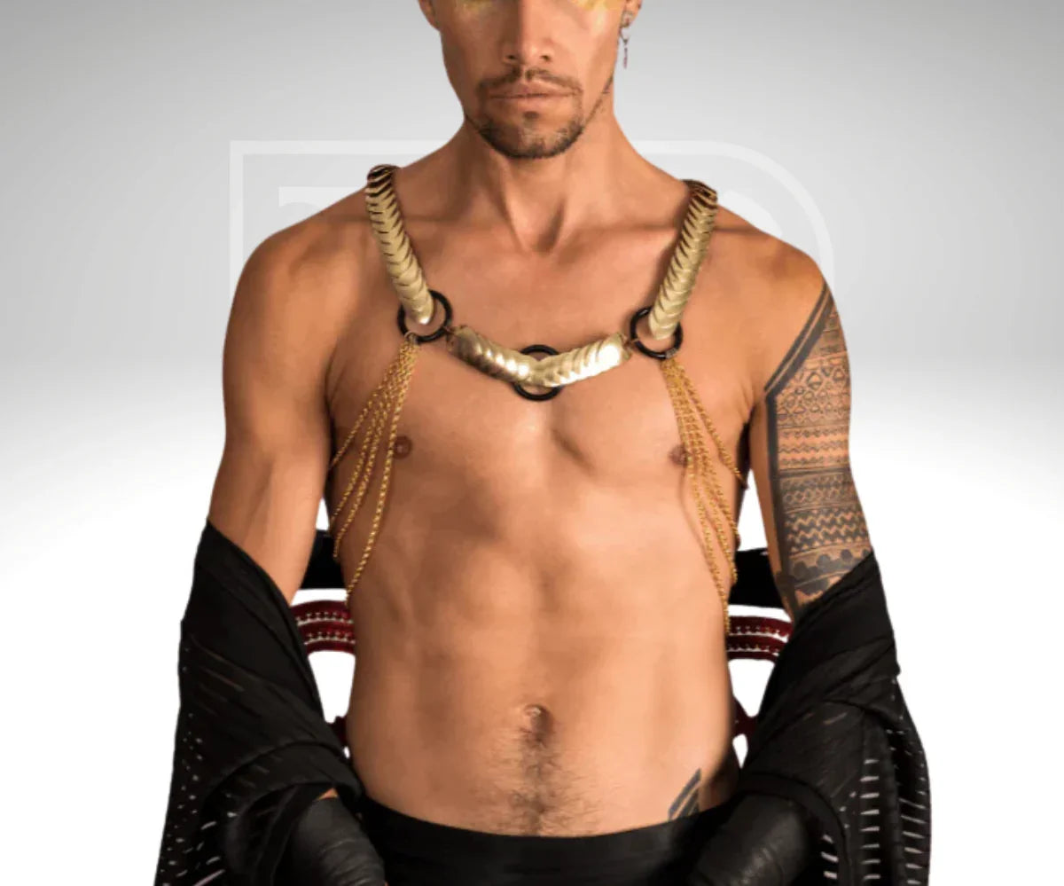 Goldfarbener Scalemail-Harness mit Ketten, maskuliner Stil, ausdrucksstarkes, selbstbewusstes Model