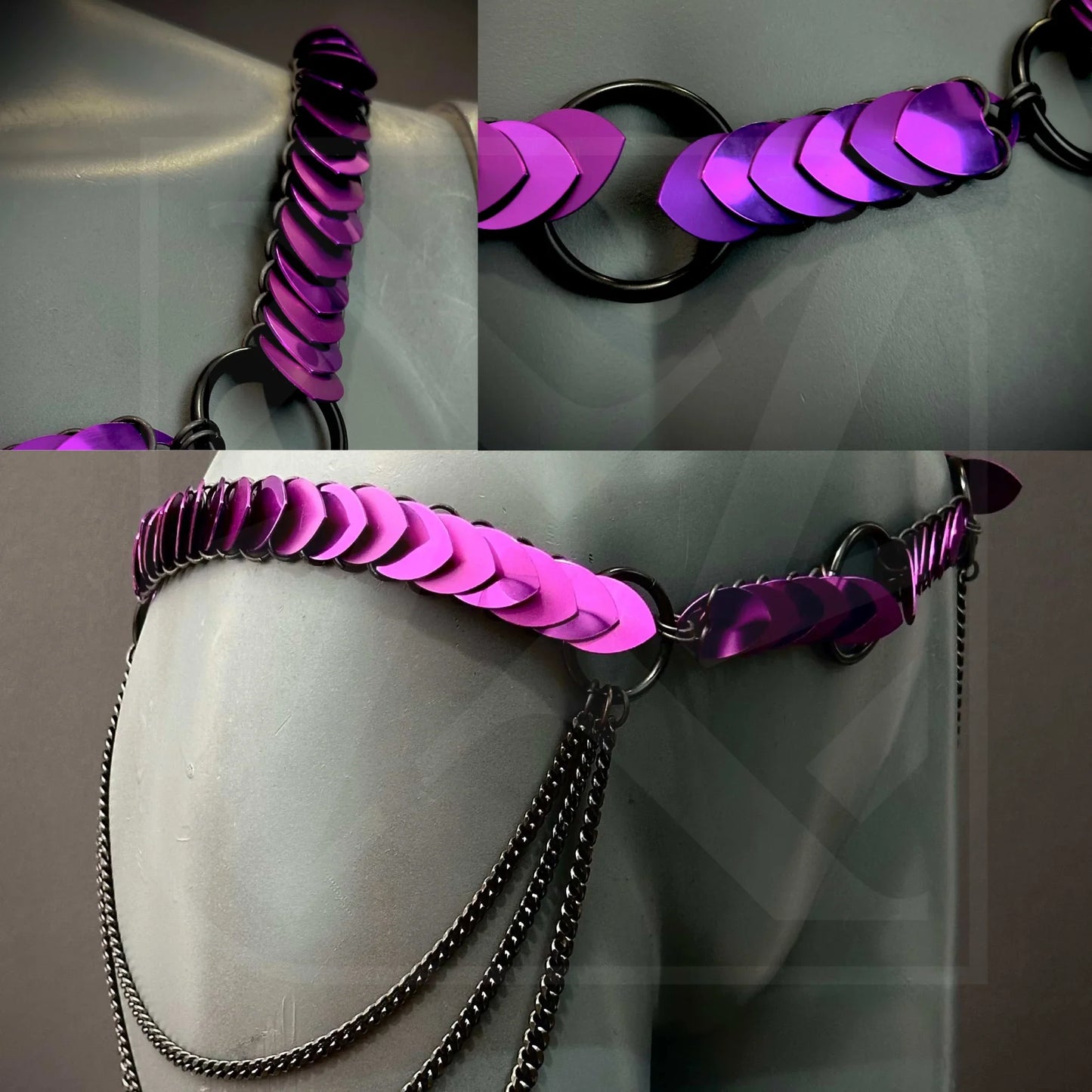Lila Scalemail-Harness mit Metallketten, eleganter Look, modern, verführerisch, Kettentyp: Scalemail