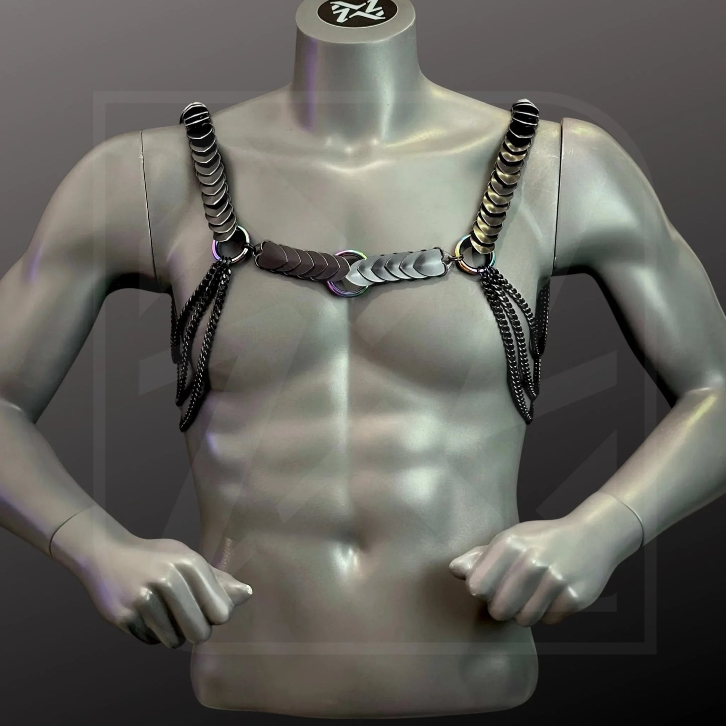 2-in-1 Harness aus schwarzen Metallketten im Scalemail-Stil, modern, kraftvoll