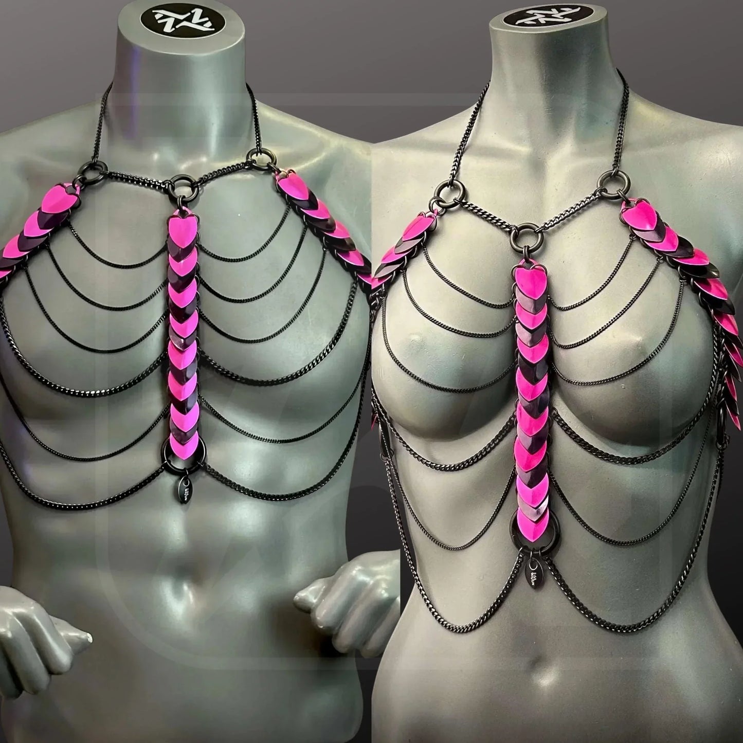 Handgefertigtes Scalemail-Harness mit Ketten, multicolor Pink und Schwarz, ausgefallen, selbstbewusst