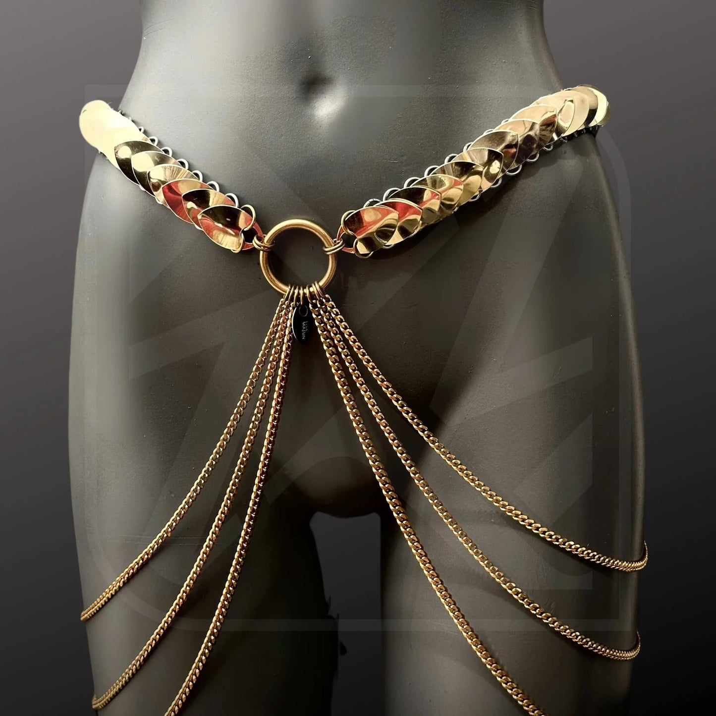 Goldener Scalemail-Hüftgürtel mit Ketten, sinnlich, edgy, Bodychain Schmuck, Festival Style