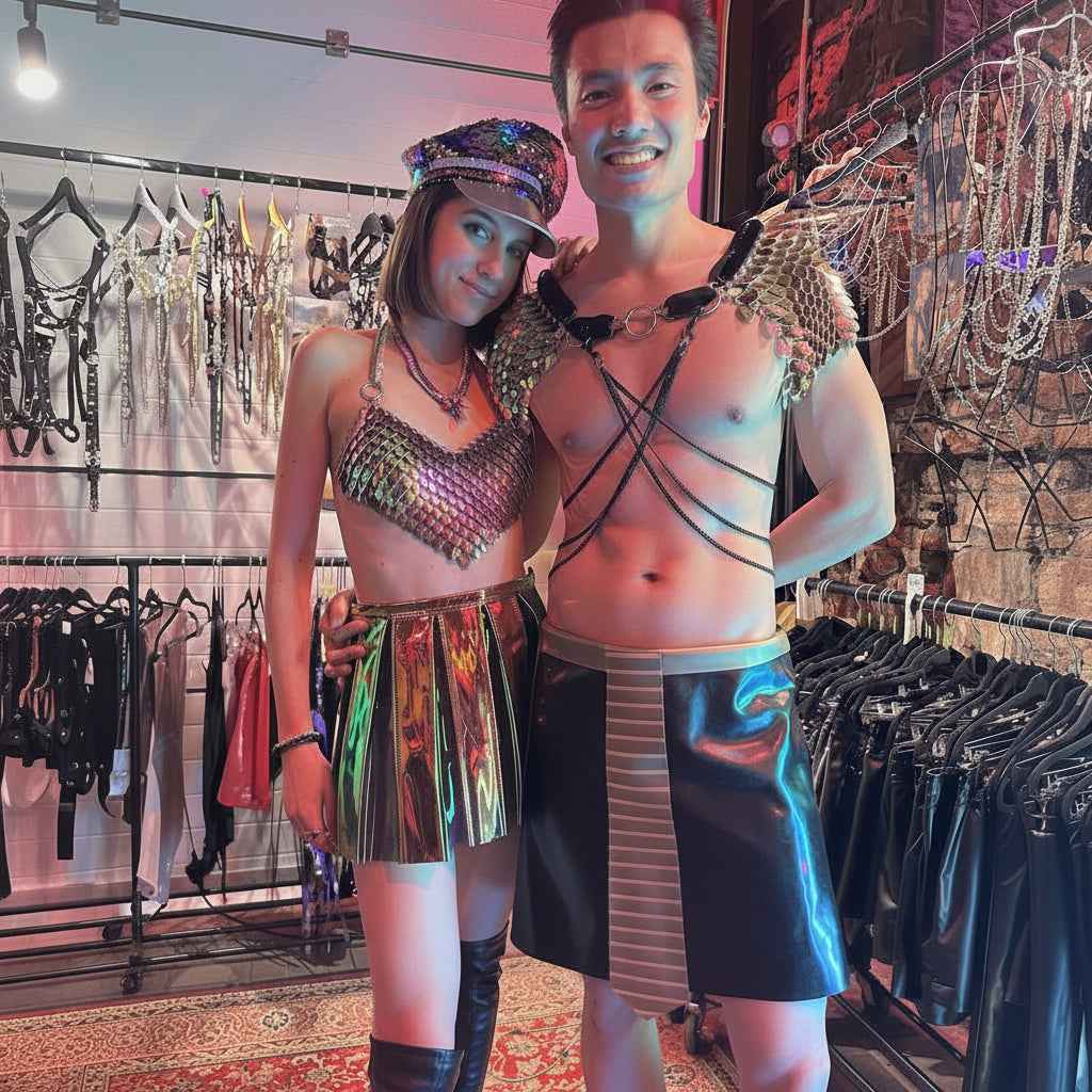 Two models wearing gold metal scale body chains and harnesses with shiny leather skirts, colorful club lighting, confident and playful
