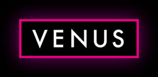 Venus logo in white text with pink neon border on black background, bold and modern style