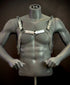 Silver glänzendes Harness mit Ketten stilvoll und kraftvoll auf dunklem Mannequin