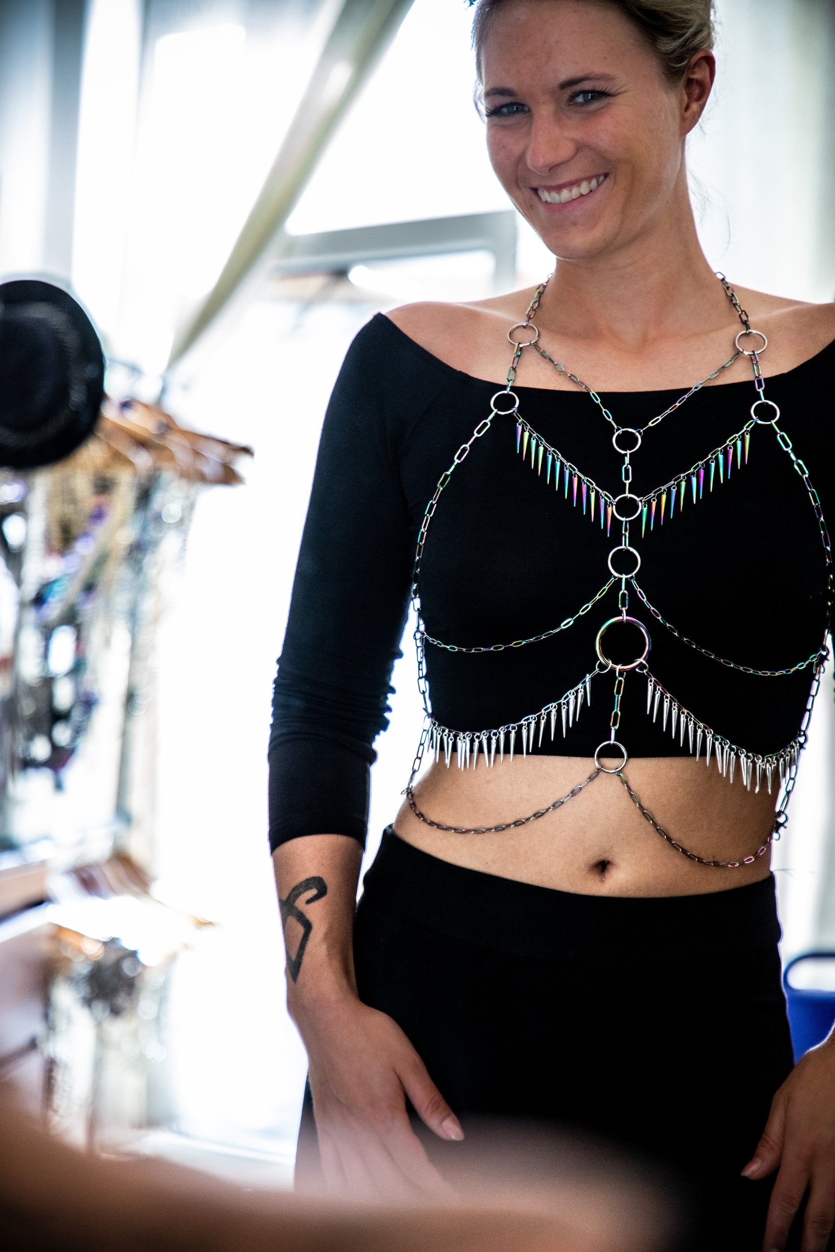 Lisa Majun Smiling with a new bodychain rainbow