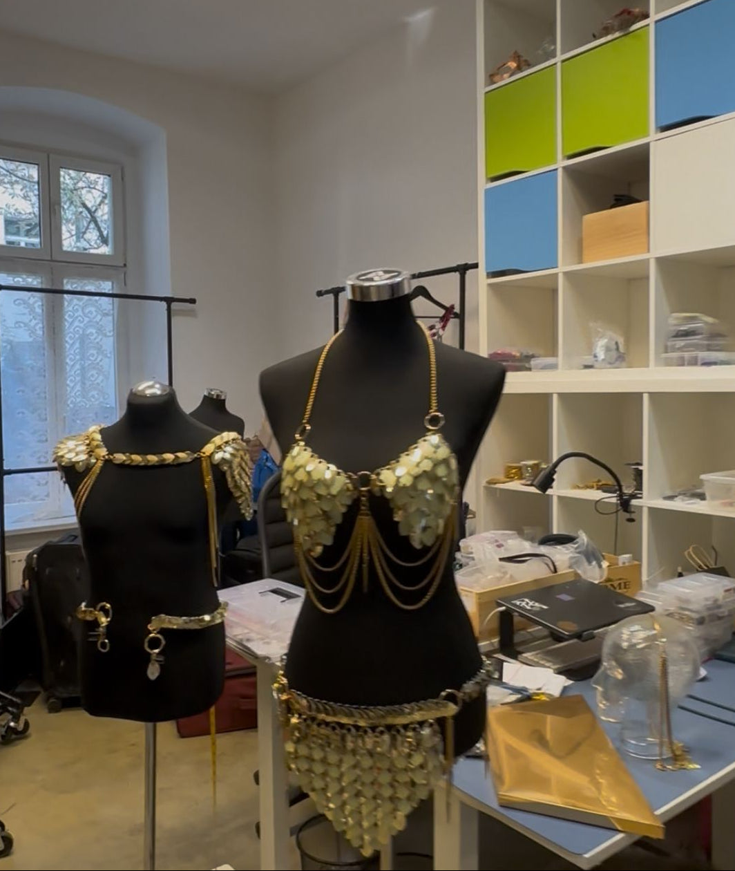 Berlin atelier of Lisa Majun showing tools, chains and handcrafted bodychain materials