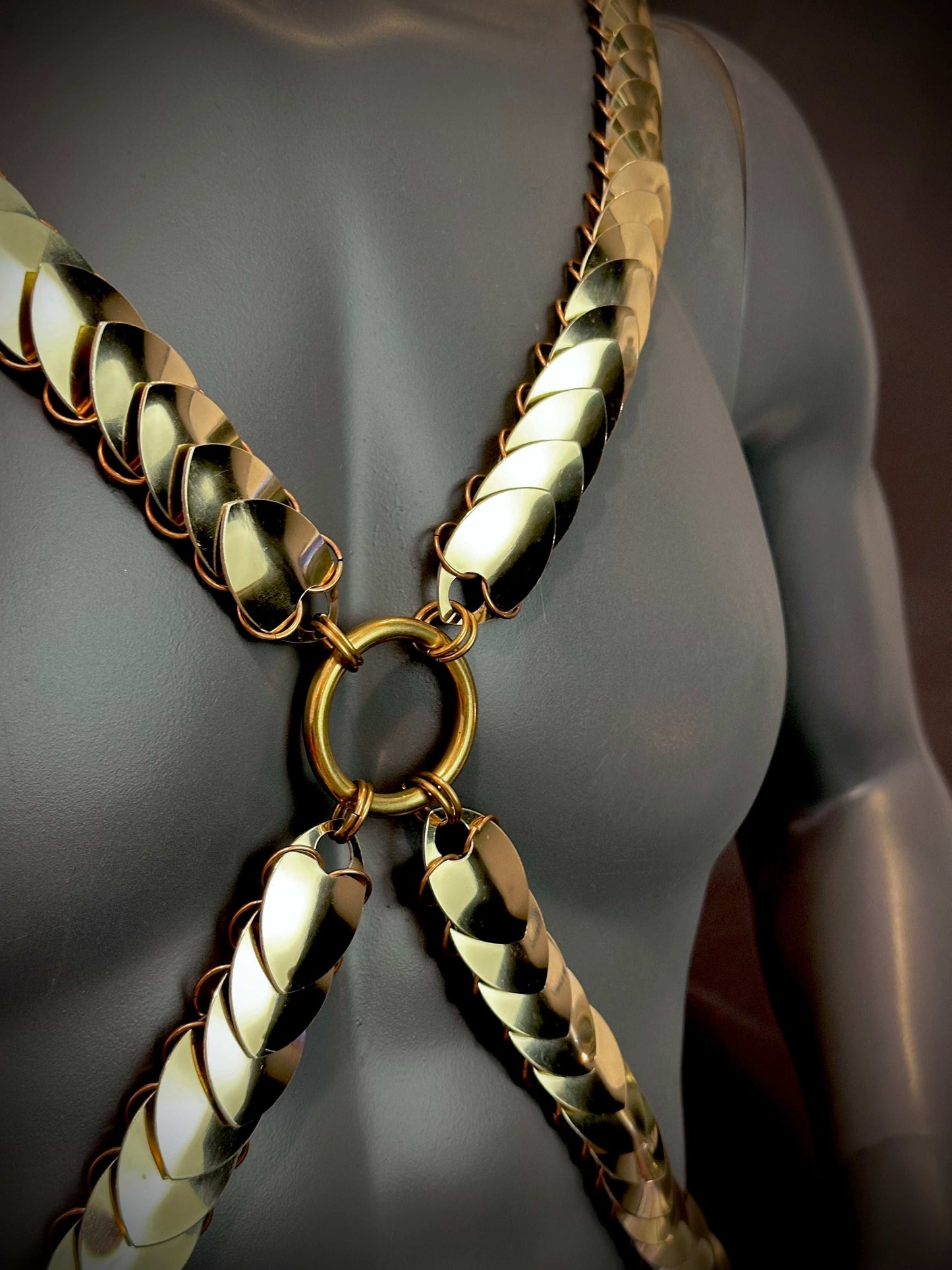 Goldfarbener Xenia Harness aus Metallplatten mit Ringen, kraftvoll und elegant am Oberkörper