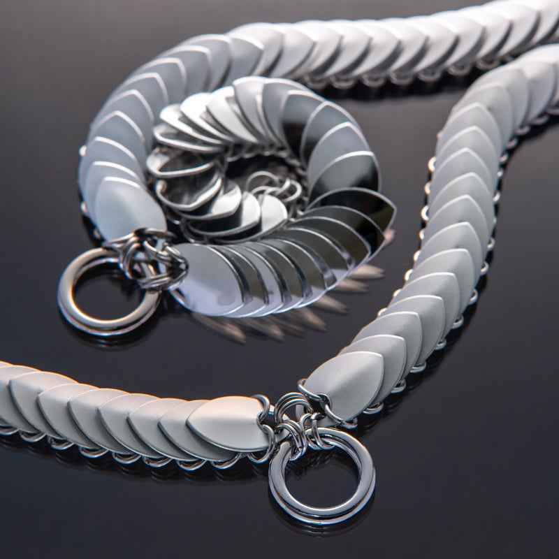 Silver dragon scale chain necklace and bracelet set with sleek smooth finish, elegant and sophisticated feel