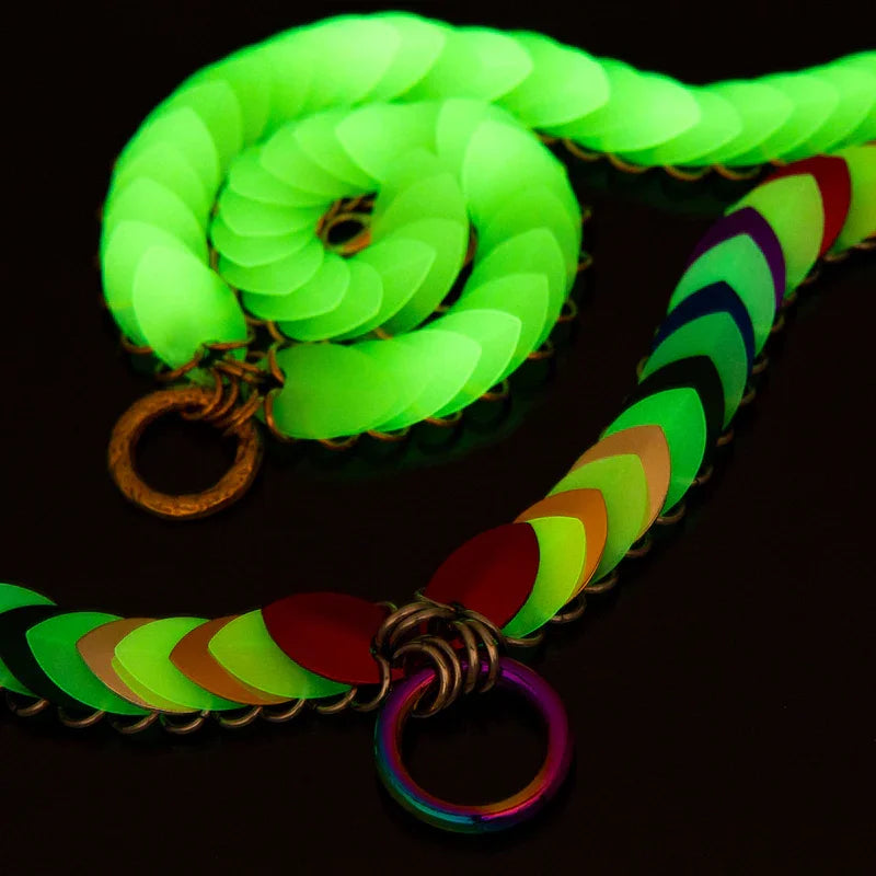 glow-in-the-dark chainmaille necklace in neon green and multicolor, modern style, vibrant and energetic