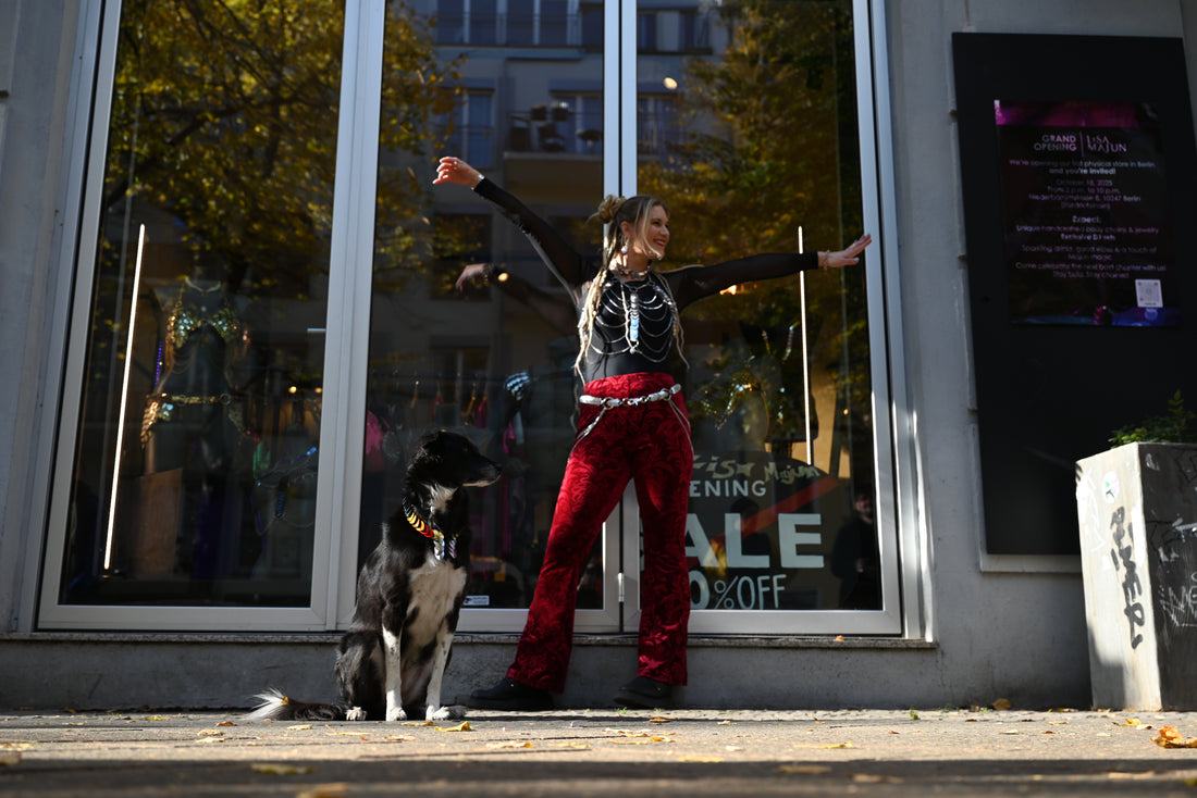 Lisa Majun Store in Berlin Friedrichshain with handcrafted bodychains and clubwear outside with Dog Nala