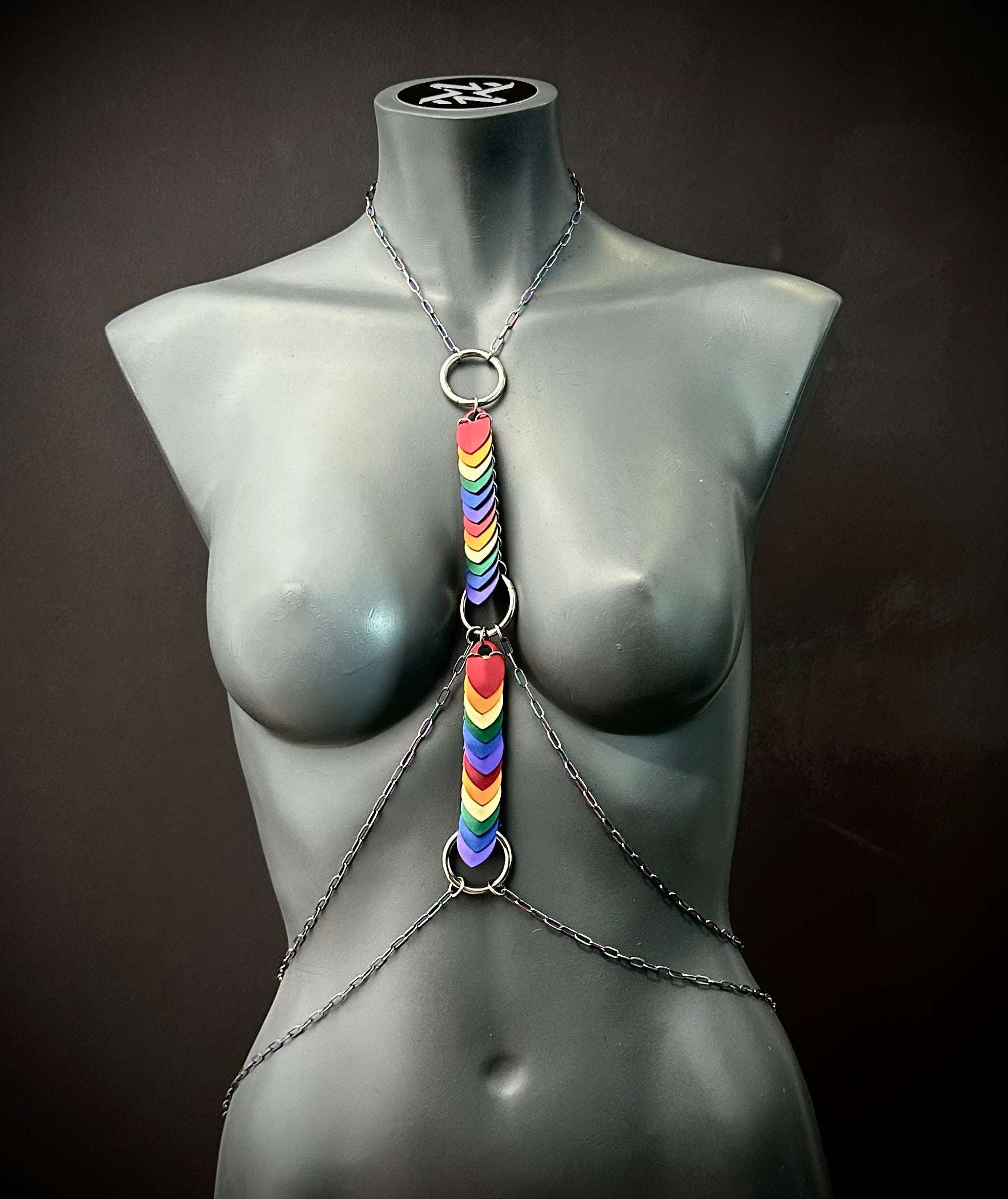 Venus Bodychain mit Regenbogen-Herzanhängern, silberne Ketten, moderner und lebendiger Stil, ausdrucksstark
