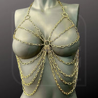 Medusa Chain Top Bodychain aus messingfarbenen Gliederketten, sinnlich und extravagant gestaltet.