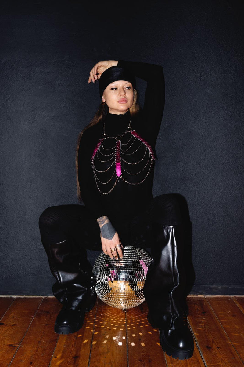 Pink body chain harness by Lisa Majun