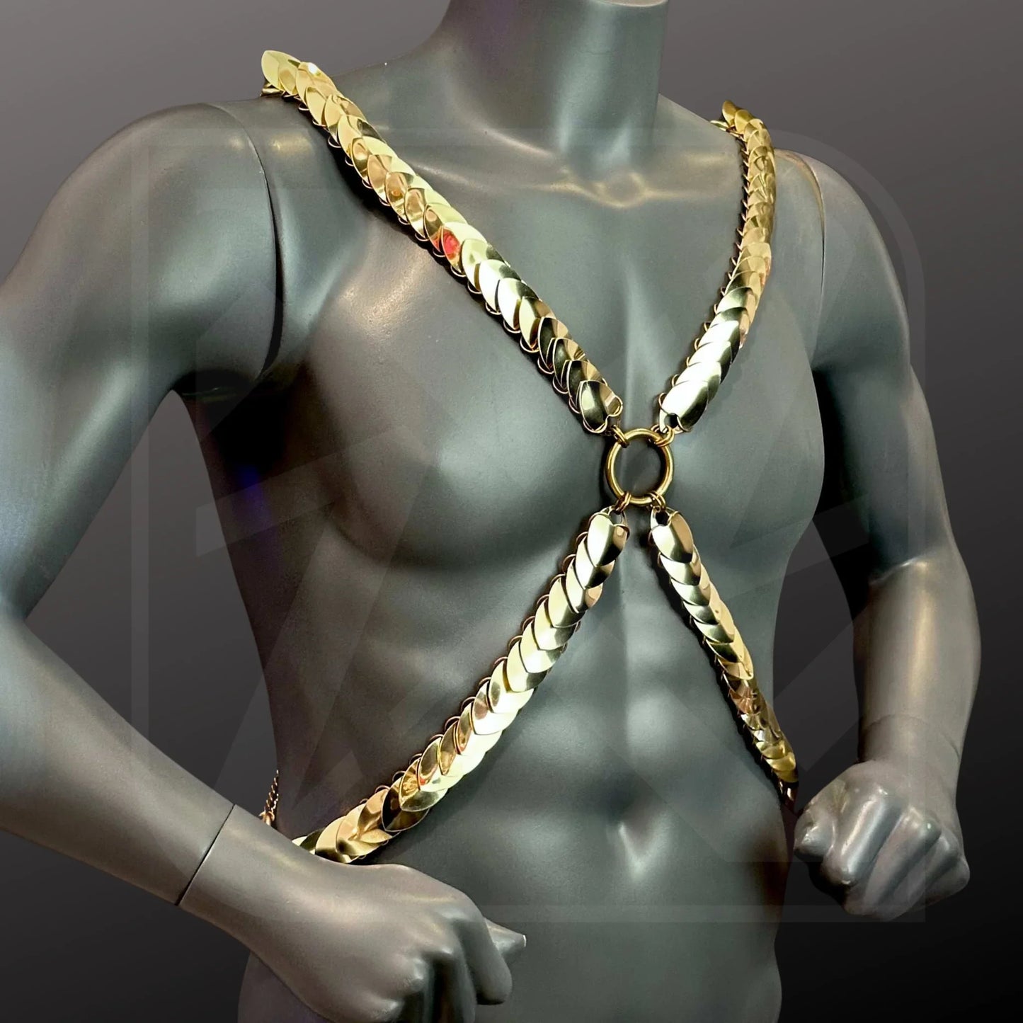 Goldener Scalemail-Chain-Harness, X-Form, moderner Look, stilvoll und kraftvoll