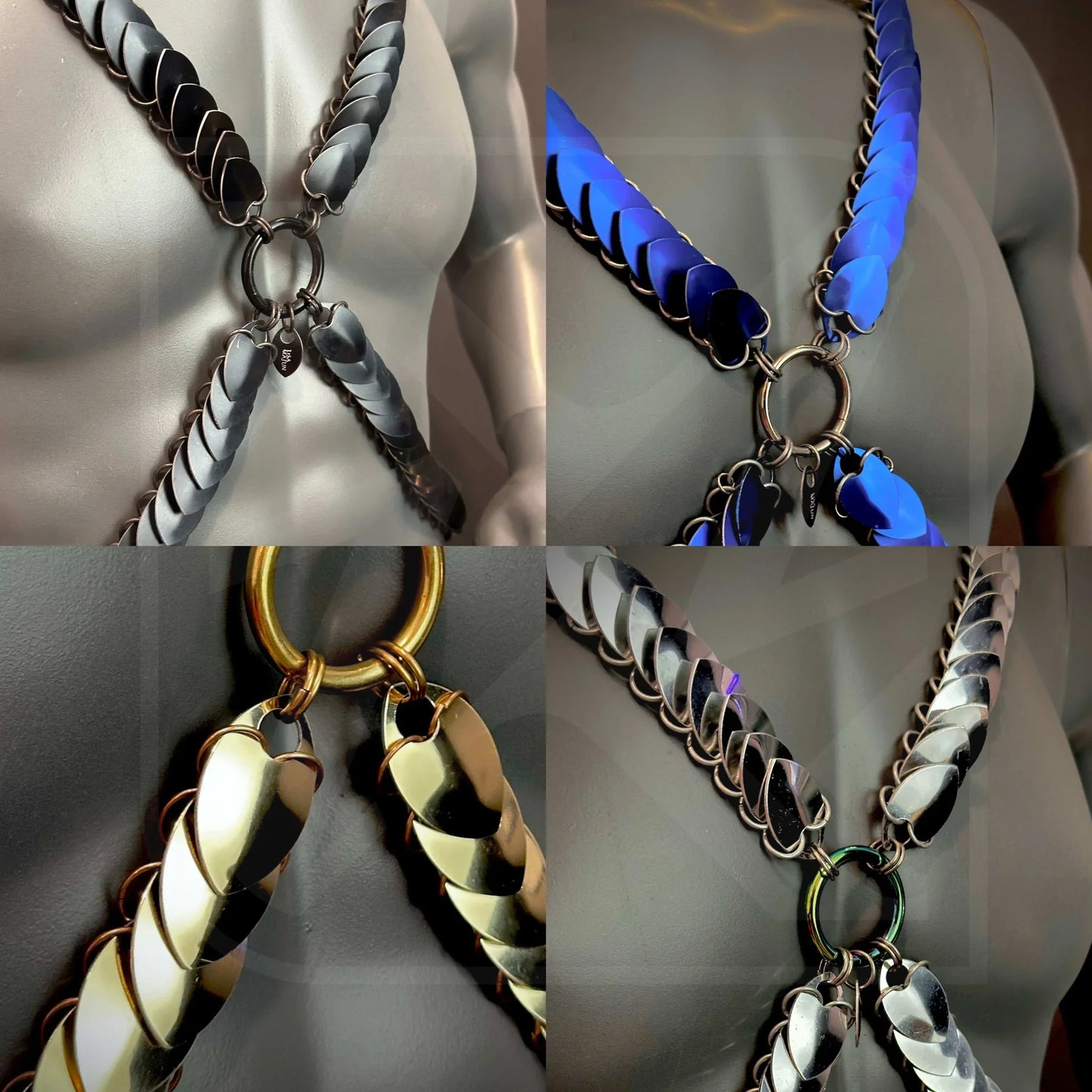 Scalemail Harness Kettenbody, Varianten in Schwarz, Blau, Gold und Silber, markanter Style, selbstbewusst